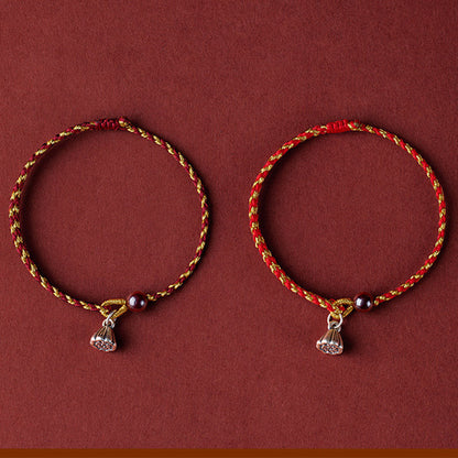 Buddha Stones Handcrafted Red Gold Rope Lotus Peace And Joy Charm Braid Bracelet