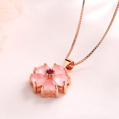 Buddha Stones Pink Crystal Love Heart Flower Soothing Necklace Pendant