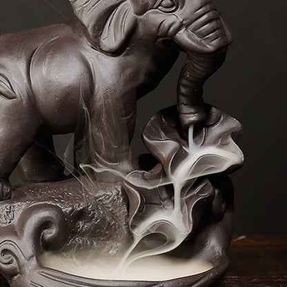 Buddha Stones Tibetan Elephant Purple Clay Backflow Smoke Fountain Peace Healing Incense Burner Decoration