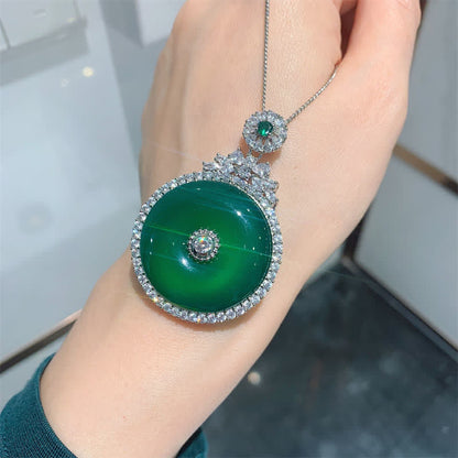 Buddha Stones Green Chalcedony Round Peace Buckle Strength Necklace Pendant