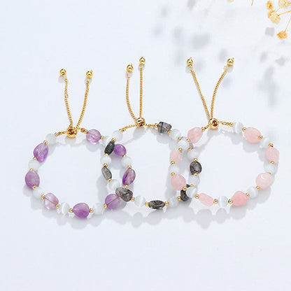 Buddha Stones Amethyst Pink Crystal Black Rutilated Quartz Spiritual Awareness Bracelet