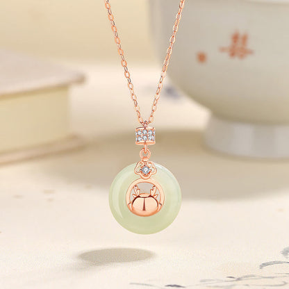 Buddha Stones 925 Sterling Silver Year of the Dragon Natural Hetian Jade Zircon Peace Buckle Protection Bracelet Necklace Pendant (Extra 30% Off | USE CODE: FS30)