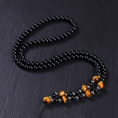 Buddha Stones Bagua Yin Yang Black Obsidian Purification Beaded Necklace Pendant