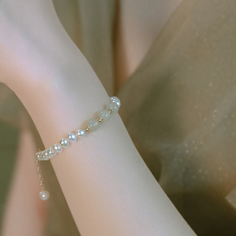 Buddha Stones 14K Gold Plated Natural Pearl Hetian Cyan Jade White Jade Sincerity Bead Chain Bracelet