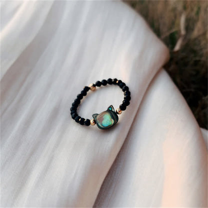 Buddha Stones Natural Tridacna Stone Lovely Cat 14K Gold Plated Blessing Ring