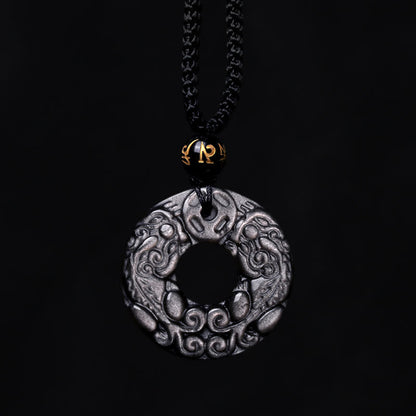 Buddha Stones Natural Silver Sheen Obsidian Double PiXiu Copper Coin Peace Buckle Protection Necklace Pendant