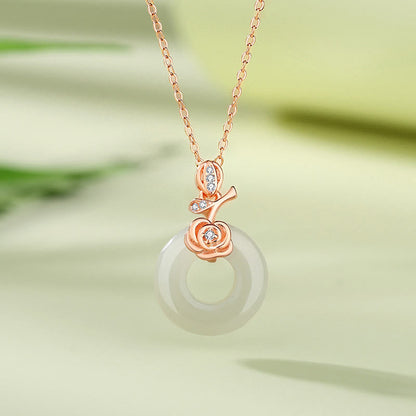 Buddha Stones 925 Sterling Silver Ginkgo Leaf Butterfly Rose Chalcedony Hetian Jade Peace Buckle Fu Character Harmony Necklace Pendant