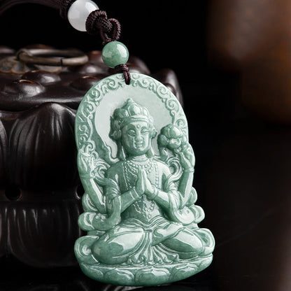 Buddha Stones Four-armed Avalokitesvara Natural Jade Amulet Blessing String Necklace