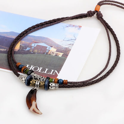 Buddha Stones Ethnic Wolf Tooth Pattern Beads Wealth Necklace Pendant