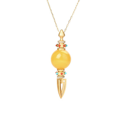 Buddha Stones 24K Gold Plated Amber Dorje Vajra Clear Anxiety Necklace Pendant