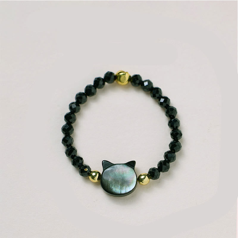 Buddha Stones Natural Tridacna Stone Lovely Cat 14K Gold Plated Blessing Ring