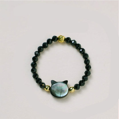 Buddha Stones Natural Tridacna Stone Lovely Cat 14K Gold Plated Blessing Ring