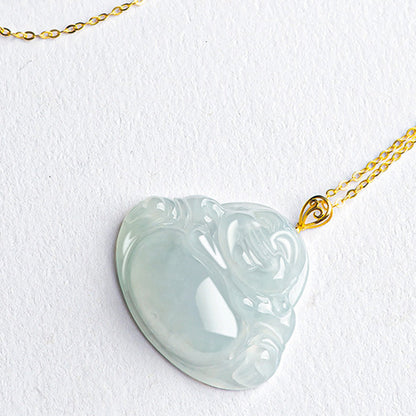 Buddha Stones Laughing Buddha Natural Jade 925 Sterling Silver Plated Gold Abundance Necklace Pendant