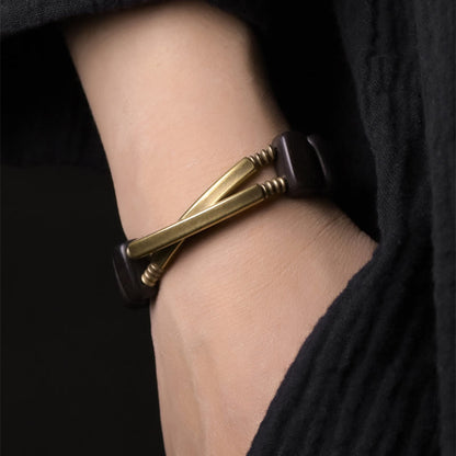 Buddha Stones Tibetan Ebony Wood Brass Copper Balance Double Layer Bracelet