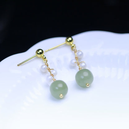 Buddha Stones Hetian Jade Flower Pattern 14K Gold Plated Luck Drop Dangle Earrings