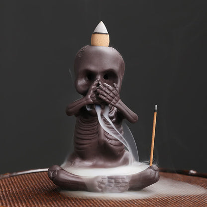 Buddha Stones Little Skull Ghost Purple Clay Backflow Smoke Fountain Peace Incense Burner Decoration