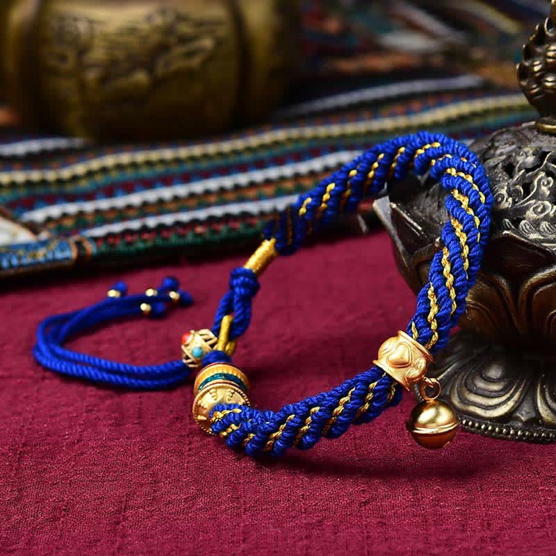 Buddha Stones Tibetan Handmade Luck Protection Thangka Prayer Wheel Bell Charm Braid String Bracelet