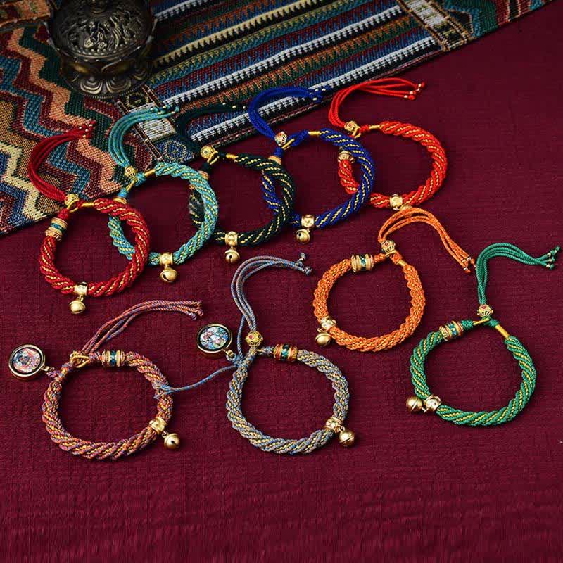 Buddha Stones Tibetan Handmade Luck Protection Thangka Prayer Wheel Bell Charm Braid String Bracelet