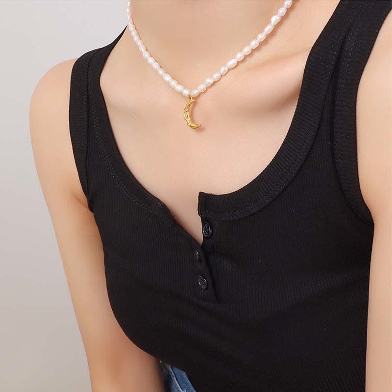 Buddha Stones Pearl Crescent Moon Calm Necklace Pendant