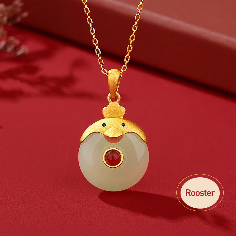 Buddha Stones 925 Sterling Silver Hetian Jade Chinese Zodiac Year of the Dragon Red Agate Luck Protection Necklace Pendant