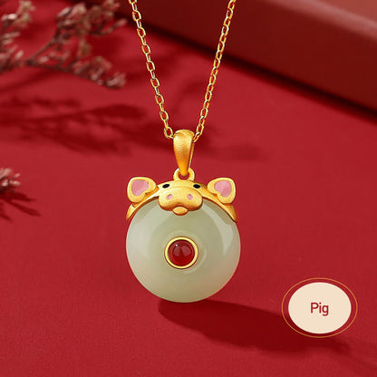 Buddha Stones 925 Sterling Silver Hetian Jade Chinese Zodiac Year of the Dragon Red Agate Luck Protection Necklace Pendant