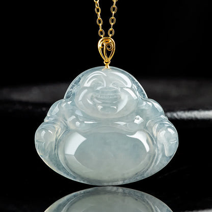 Buddha Stones Laughing Buddha Natural Jade 925 Sterling Silver Plated Gold Abundance Necklace Pendant