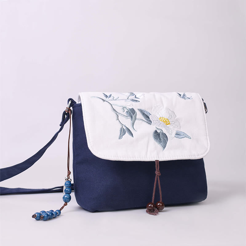 Buddha Stones Embroidered Camellia Epiphyllum Gardenia Sakura Flowers Crossbody Bag Shoulder Bag Cellphone Bag