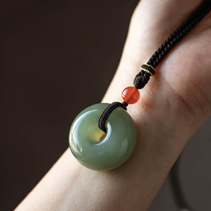 Buddha Stones Natural Round Jade Gray Jade Peace Buckle Luck Necklace Pendant