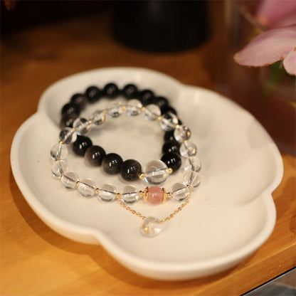 Buddha Stones Natural Silver Sheen Obsidian Pink Crystal White Crystal Protection Yin Yang Color Couple Bracelet