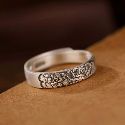Buddha Stones 999 Sterling Silver Lotus Peony Flower Enlightenment Ring