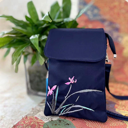 Buddha Stones Waterproof Handmade Embroidered Lotus Flowers Crossbody Bag Shoulder Bag Cellphone Bag
