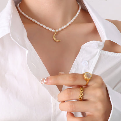 Buddha Stones Pearl Crescent Moon Calm Necklace Pendant