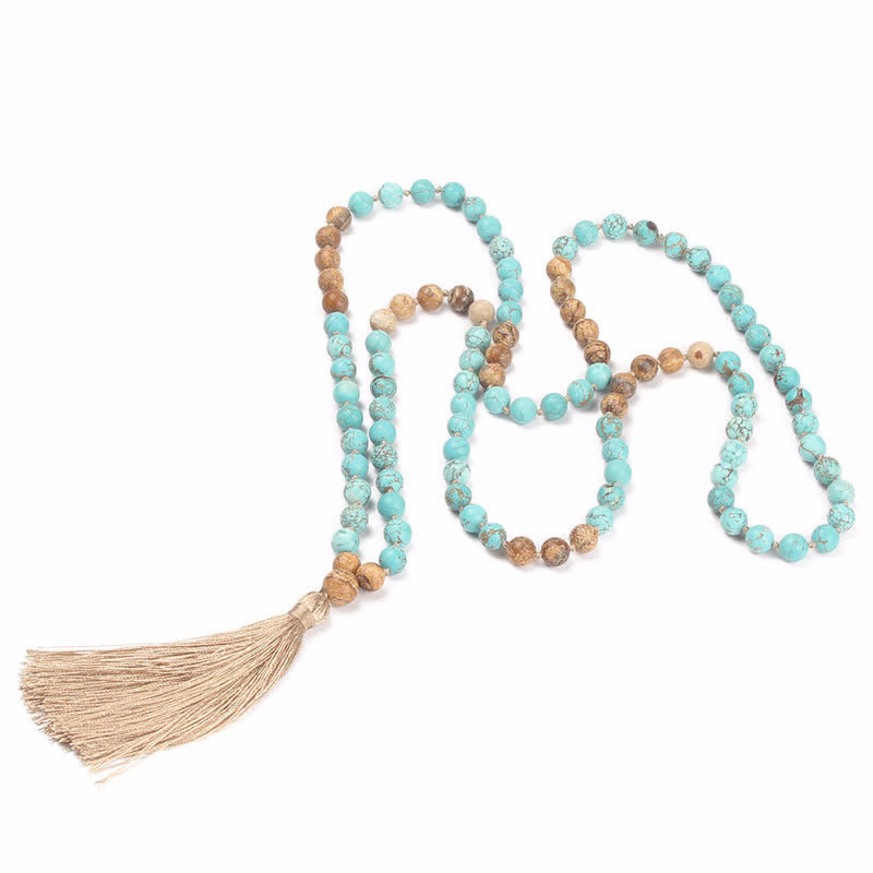 Buddha Stones 108 Mala Beads Turquoise Picture Jasper Wisdom Tassel Bracelet