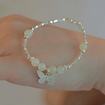 Buddha Stones 925 Sterling Silver Natural Hetian Jade Luck Butterfly Charm Bracelet