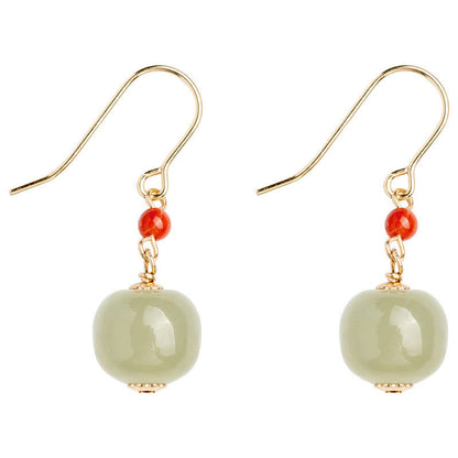 Buddha Stones 925 Sterling Silver Plated 14k Gold Hetian Jade Red Agate Luck Drop Dangle Earrings