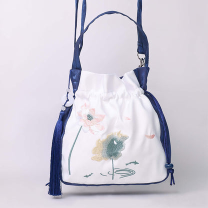 Buddha Stones Embroidered Lotus Koi Fish Crane Camellia Cotton Linen Tote Crossbody Bag Shoulder Bag Handbag