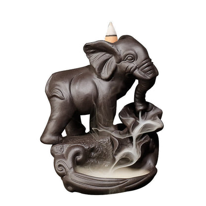 Buddha Stones Tibetan Elephant Purple Clay Backflow Smoke Fountain Peace Healing Incense Burner Decoration