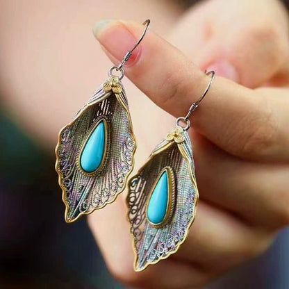 Buddha Stones 925 Sterling Silver Turquoise Bodhi Leaf Pattern Protection Drop Dangle Earrings