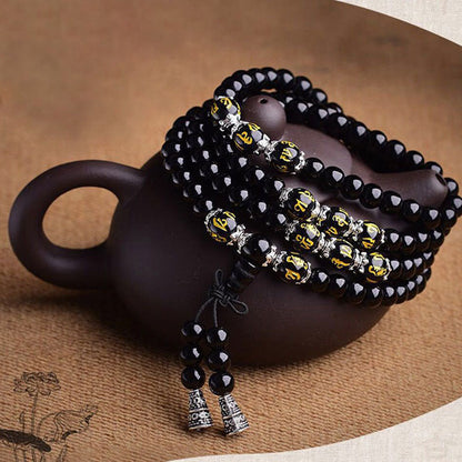 Buddha Stones Black Obsidian Six True Words Protection Mala Bracelet