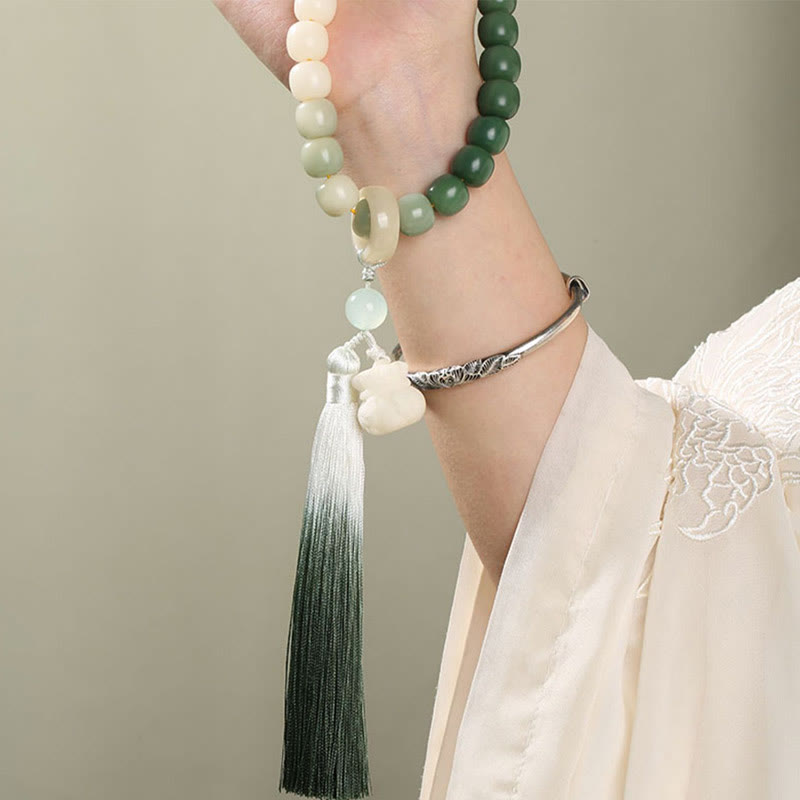 Buddha Stones Natural Gradient Bodhi Seed Fortune Money Bag Lotus Wisdom Tassel Wrist Mala