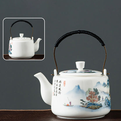 Buddha Stones Vintage Dragon Mountain Fisherman Landscape White Porcelain Ceramic Kung Fu Teapot