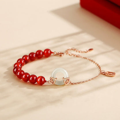 Buddha Stones 925 Sterling Silver Natural Red Agate White Jade Peace Buckle Confidence Bracelet