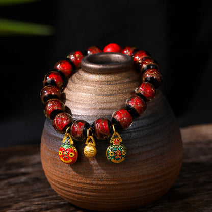 Buddha Stones Gold Swallowing Beast Family Colorful Cinnabar Bead Bracelet
