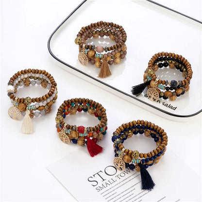 Buddha Stones Wenge Wood Layered Tree Tassel Healing Bracelet