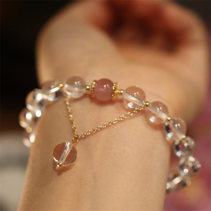 Buddha Stones Natural Silver Sheen Obsidian Pink Crystal White Crystal Protection Yin Yang Color Couple Bracelet