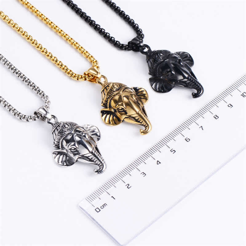 Buddha Stones Ganesh Ganpati Elephant Titanium Steel Protection Pendant Necklace