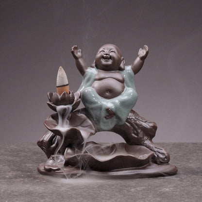 Buddha Stones Little Monk Ceramic Lotus Blessing Incense Burner Decoration