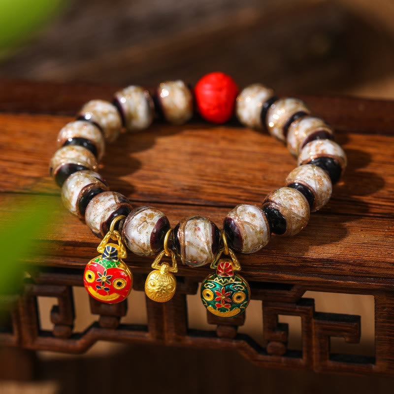 Buddha Stones Gold Swallowing Beast Family Colorful Cinnabar Bead Bracelet