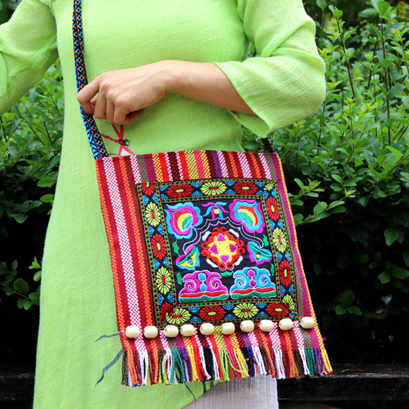 Buddha Stones Tibetan Handmade Embroidered Camellia Canvas Shoulder Bag Crossbody Bag