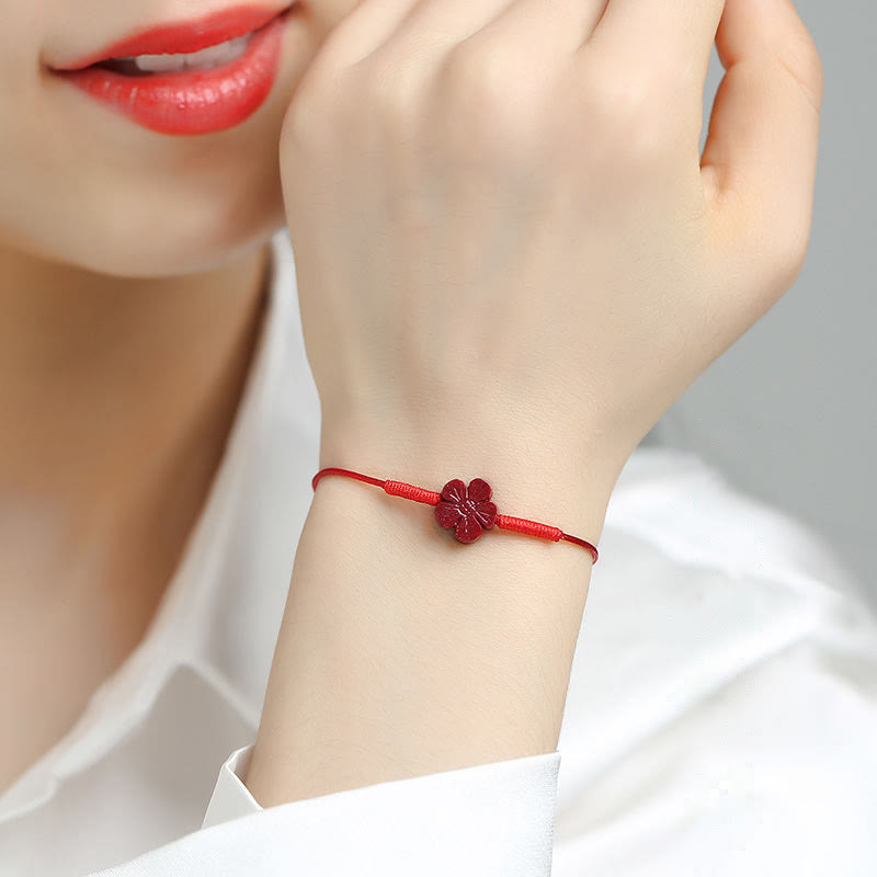 Buddha Stones Handmade Plum Blossom Four Leaf Clover PiXiu Lotus Koi Fish Cinnabar Blessing Braid Bracelet